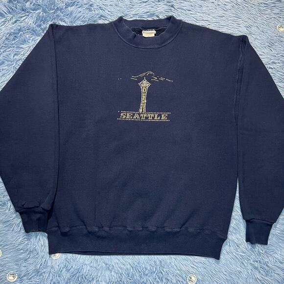 VINTAGE Seattle Space Needle Crewneck Sweater Large Mens Blue Rhinestone - Picture 1 of 10